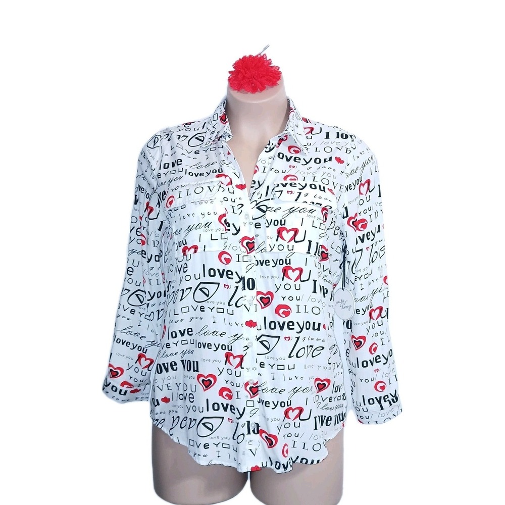 Milk & Honey Women Novelty Button Down Shirt XL White Red Hearts Love Valentine